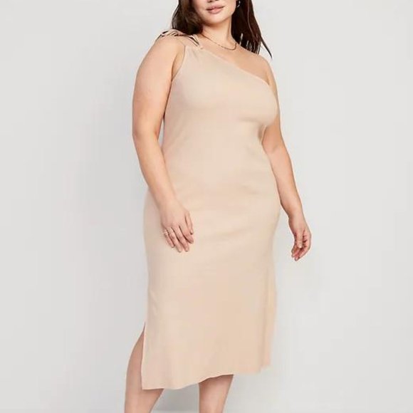 Old Navy Fitted One-Shoulder Double-Strap Rib-Knit Midi Dress for Women New - Picture 6 of 7